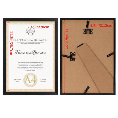 Serwrsw Lightweight A4 Certificate Frame, Photo Frame, Poster Frame, 29.7x21cm, for Certificates, Photos, and Posters, Black