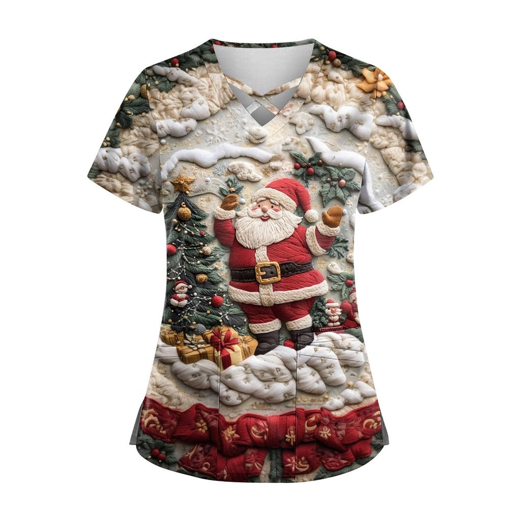 Women's Short Sleeve Stagger V Neck Christmas Print Pocket Dry-nurse Top