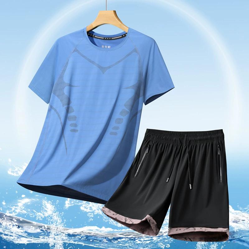 Большой размер футболка с коротким рукавом комплект для мужчин, тонкий шелк льда быстросохнущий мужской спортивный костюм с коротким рукавом, спортивный
