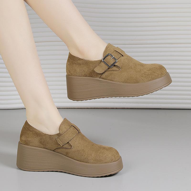 Ретро Кожаные Платформы Повседневная Обувь для Женщин, Весенние Однотонные Туфли, Танкетка, Увеличивающие Рост и Прочные Женские Туфли