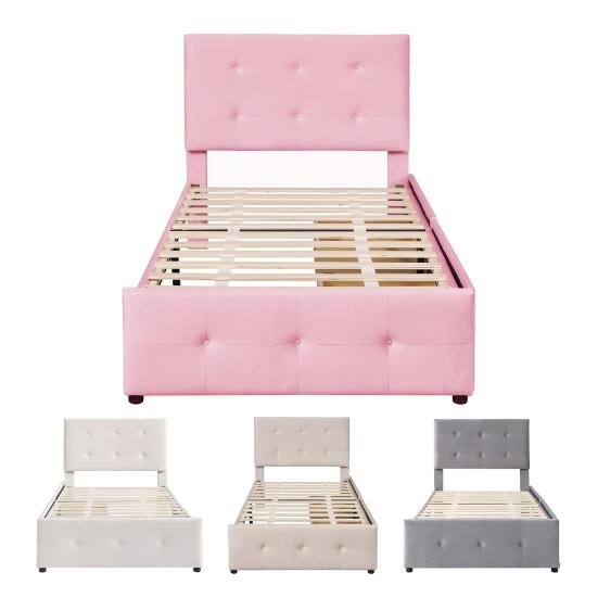 Children Bed 99x210cm Velvet Fabric Kids with Adjustable Headboard 2 Drawers Single Ergonomic Design Strong Wood Slat Support Home Furniture