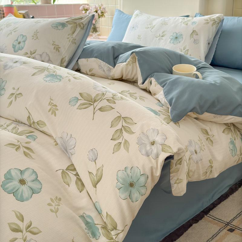 Class A Fresh Four-Piece Set: Washed Cotton Bed Sheet & Duvet Cover with Double Layer Gauze - Home Bedding Collection