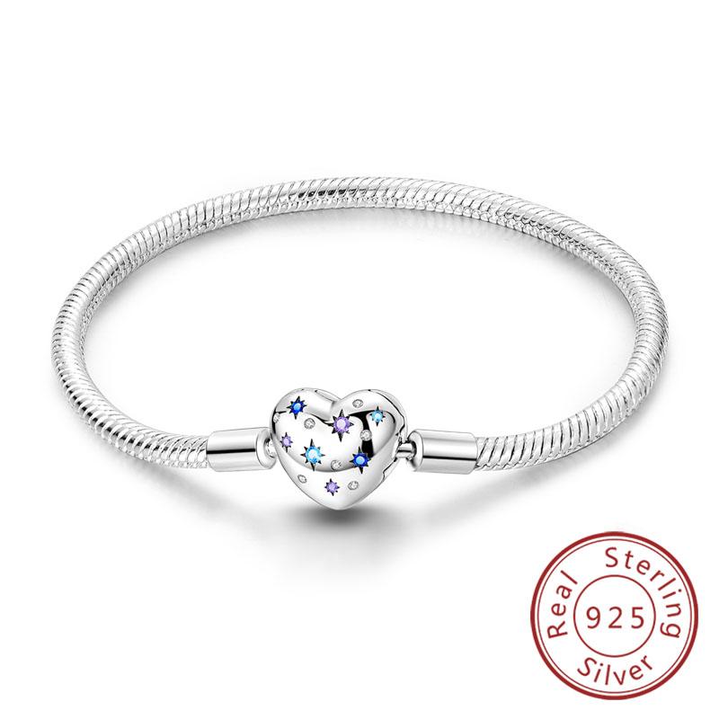 Original Bracelet 925 Sterling Silver Charm Bracelet 17-20CM Golden Heart Love Key Snowflake Bracelet Bangle Women Jewelry Gift