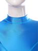 Womens Oil Shiny Bodysuit Swimwear Sheer Mesh Patchwork Mock Neck Sleeveless Back Zipper Boxer Bottom