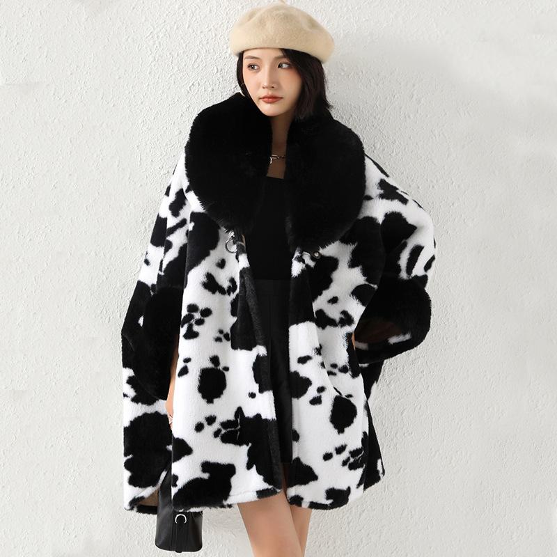 Medium-length Faux Otter Rabbit Hair Collar Cape Shawl Women's Loose Bat Sleeve Printed Cardigan Large Size Tweed Jacket