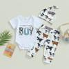 Baby Boy Summer Jumpsuits Suit Letter Print Short Sleeves Romper and Casual Cow Print Pants Hat Outfit