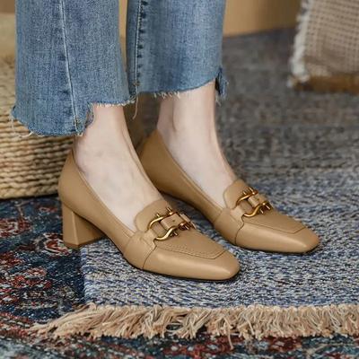 Туфли женские 2024 года, туфли-лоферы на квадратном каблуке, женская летняя обувь, обычные кожаные повседневные туфли-лодочки с носом черного цвета на высоком каблуке, распродажа, слип