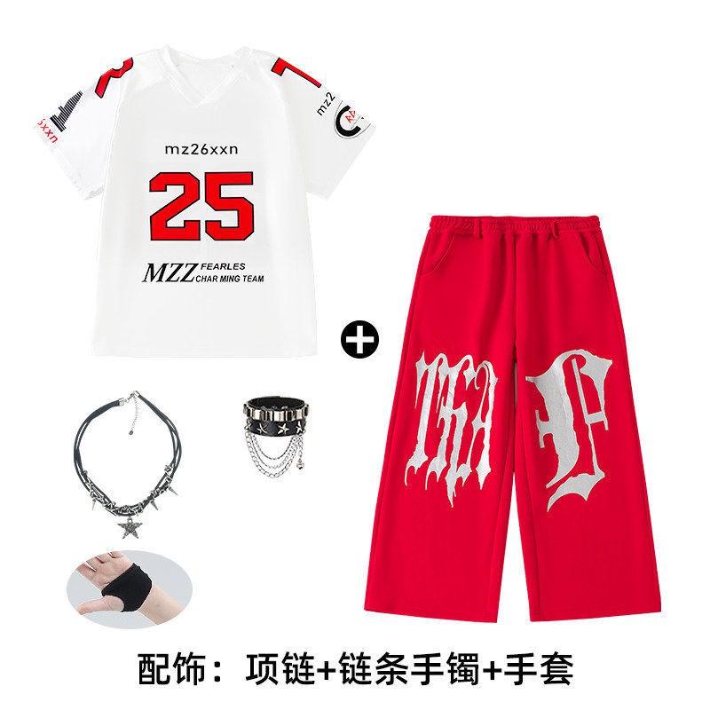 Kids Hip Hop Dance Outfit Set - White Short Sleeve Top Red Pants Boys Girls Stage Performance