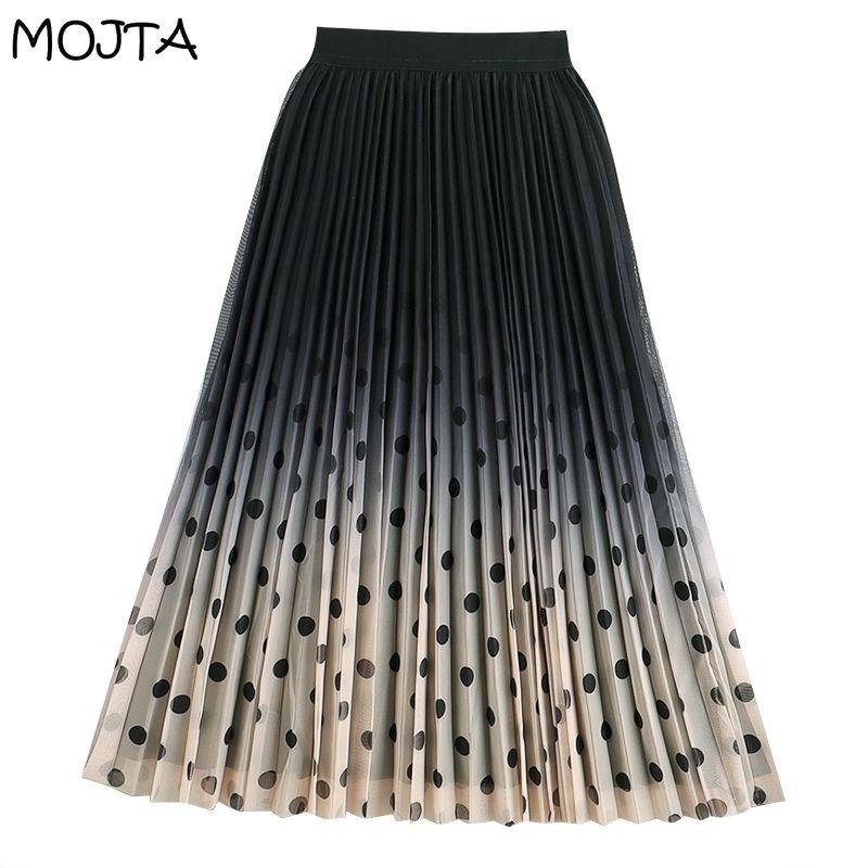 MOJTA Mid-length Skirt Spring Summer Women's Pleated Elastic Dots High Waist Skirt A-line Long Skirt