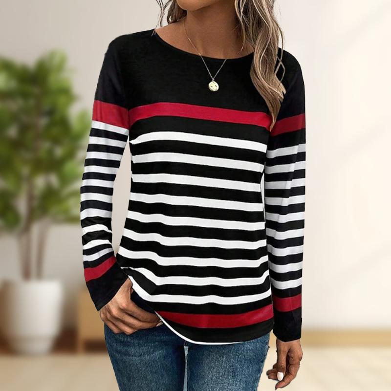 Tops For Women Blue Stripe Print Round Neck Long Sleeve T-shirt Fall Casual Slim Pullover Women's Long Sleeve Top