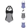 Elegant Plus Size Racy Black Halter Low Cut Beachsuit For Striped Swimwear Women