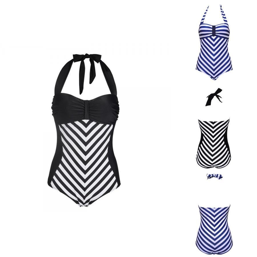 Elegant Plus Size Racy Black Halter Low Cut Beachsuit For Striped Swimwear Women