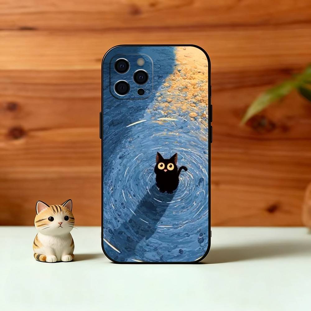 Милая Иллюстрация Черного Кота Чехол Для Телефона Для iPhone 17, 16,15,14,13,12,11 Plus,Pro Max, Другие Мягкий Черный Чехол