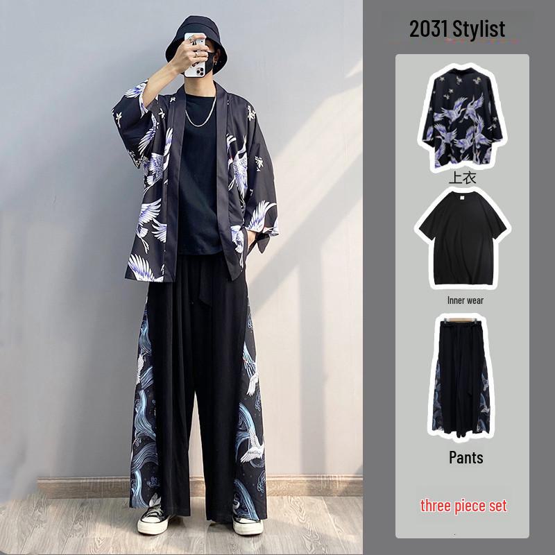 Men's Chinese Style Ice Silk Taoist Robe: Trendy Three-Piece Hanfu Tang Suit for Summer