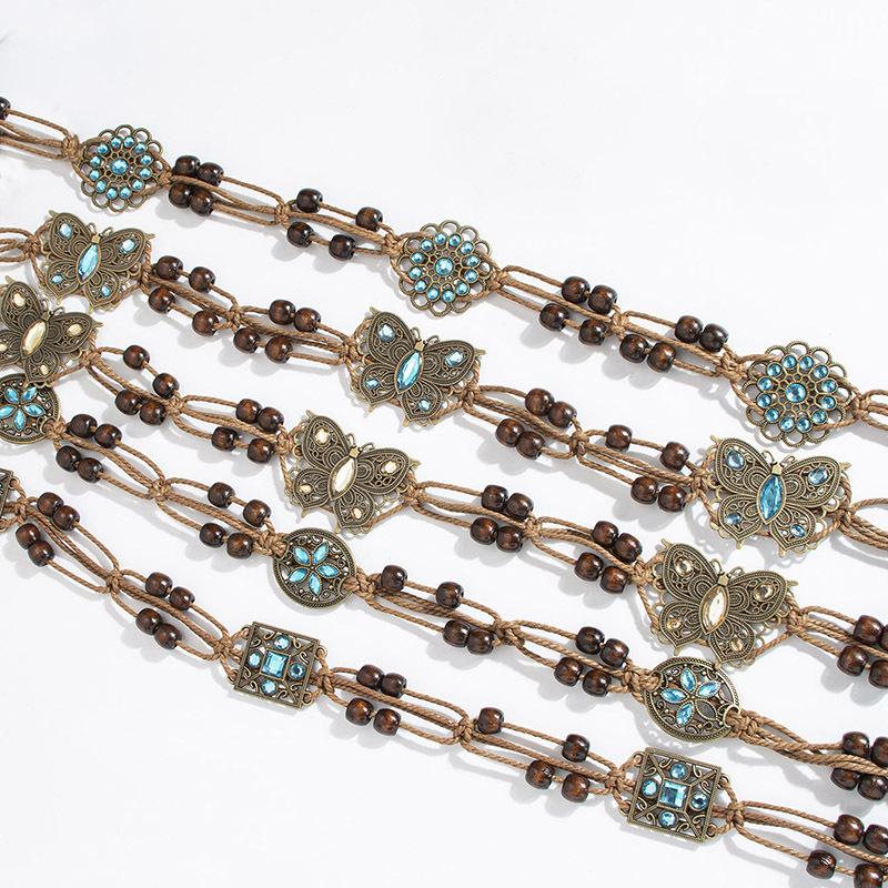 Bohemian Style Butterfly Water Diamond Woven Ethnic Style Handmade Wooden Bead Women's Belt Casual Vacation Style Waist Rope
