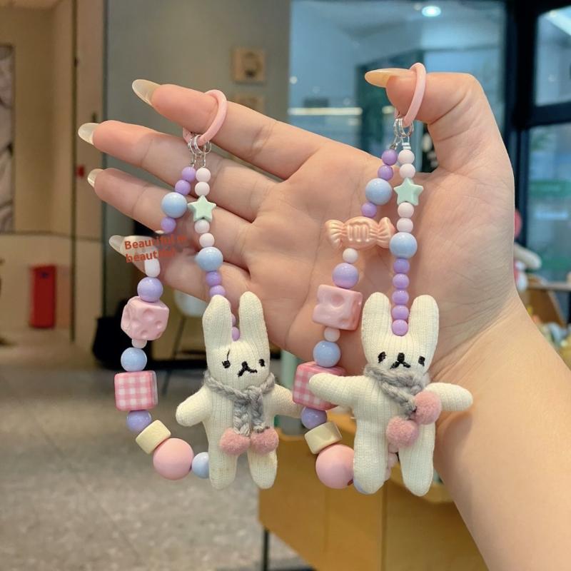 New Handmade Rabbit Mobile Phone Strap Short Wrist Strap Charm Keychain Camera Chain Lanyard With Slip Card With Slip Card
