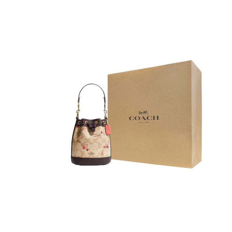 New COACH Bucket Classic Jacquard Leather Bucket Bag, Handbag, Shoulder Bag Trumpets Women's Beige & Dark Brown CK524-IMOT4