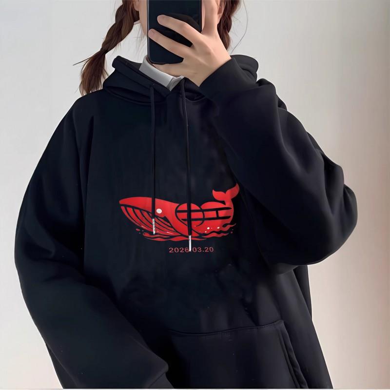 Red Whale Heart Hoodie Unisex Loose Fit Couple Sweatshirt Star Fans Streetwear
