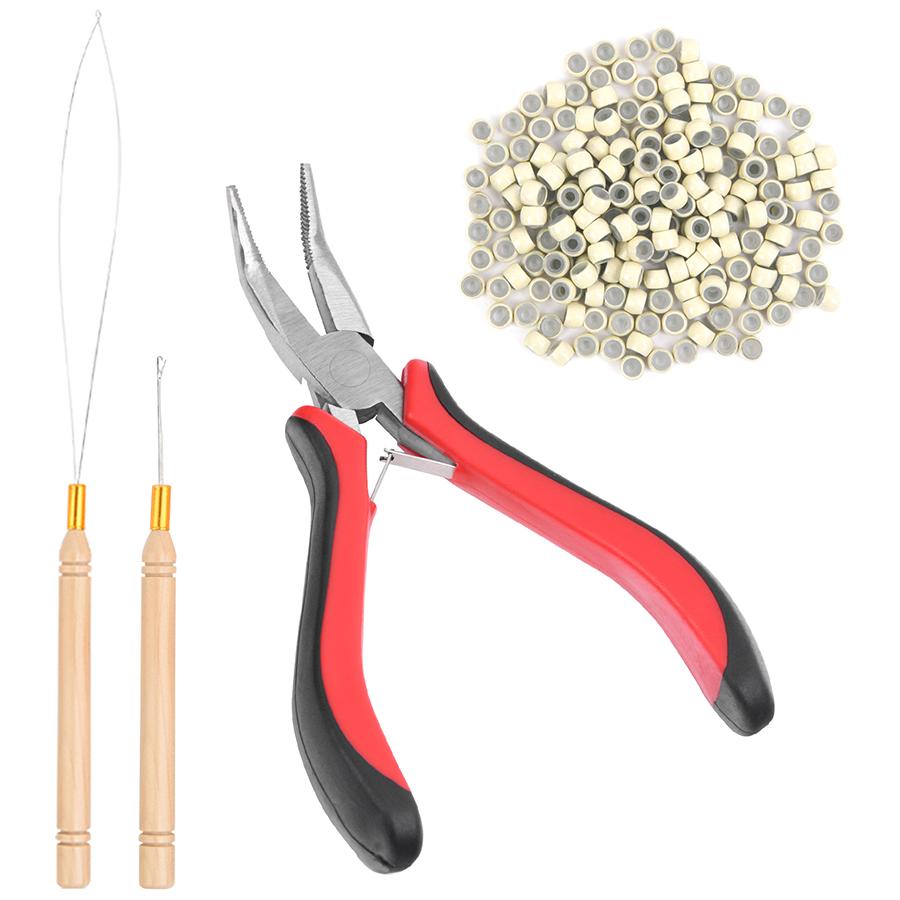 1 упаковка, набор для наращивания волос, 200 шт., нано-звенья/бусины, красные плоскогубцы для наращивания волос с изогнутым носом, микро-крючок, игольчатый нитевдеватель