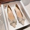 Pointed Single Shoes Women's 2025 New Thick Heel Shallow Mouth Rhinestone Pearl Bow Temperament Women's Shoes Four Seasons Soft Sole Comfortable