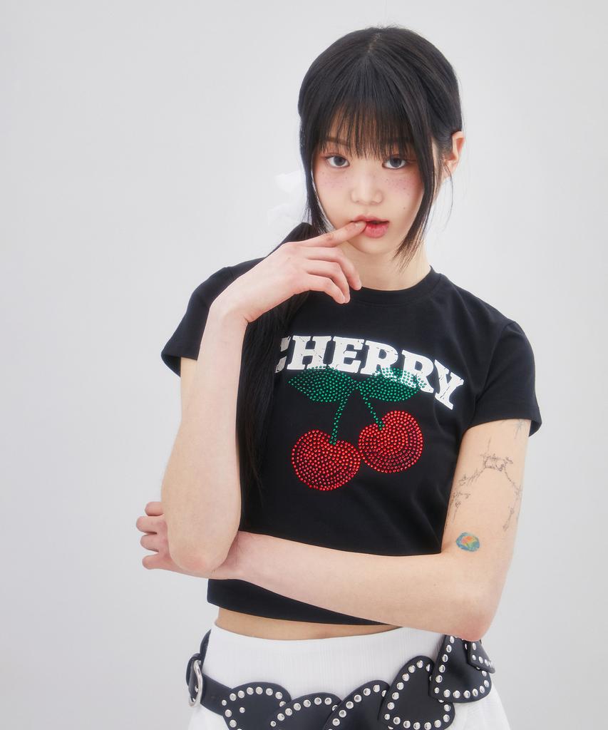 LALAFOX Cherry Hotfix T-Shirt Printed Short Sleeve T-Shirt Black Br2Ch016