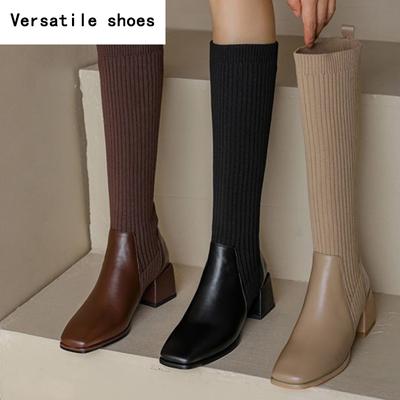 Носки женские сапоги до колена модные длинные ботильоны без застежек винтажные туфли на квадратном каблуке женские