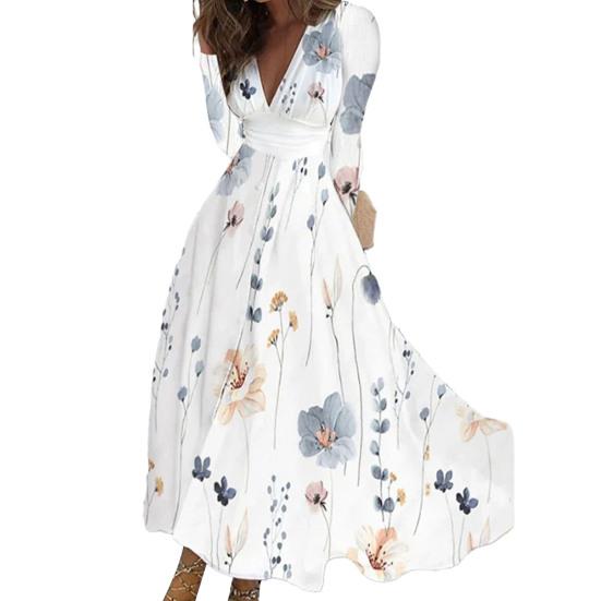 Women Elegant Floral Print Maxi Dress V-neck Waist Gown Long Sleeve High Dress A-Line Long Dress Streetwear