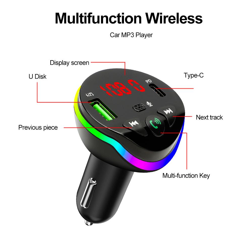 Bluetooth 5.0 Car FM Transmitter Dual USB Phone Charger Wireless Handsfree Calling Car Radio Modulator U-Disk Aux With RGB Light