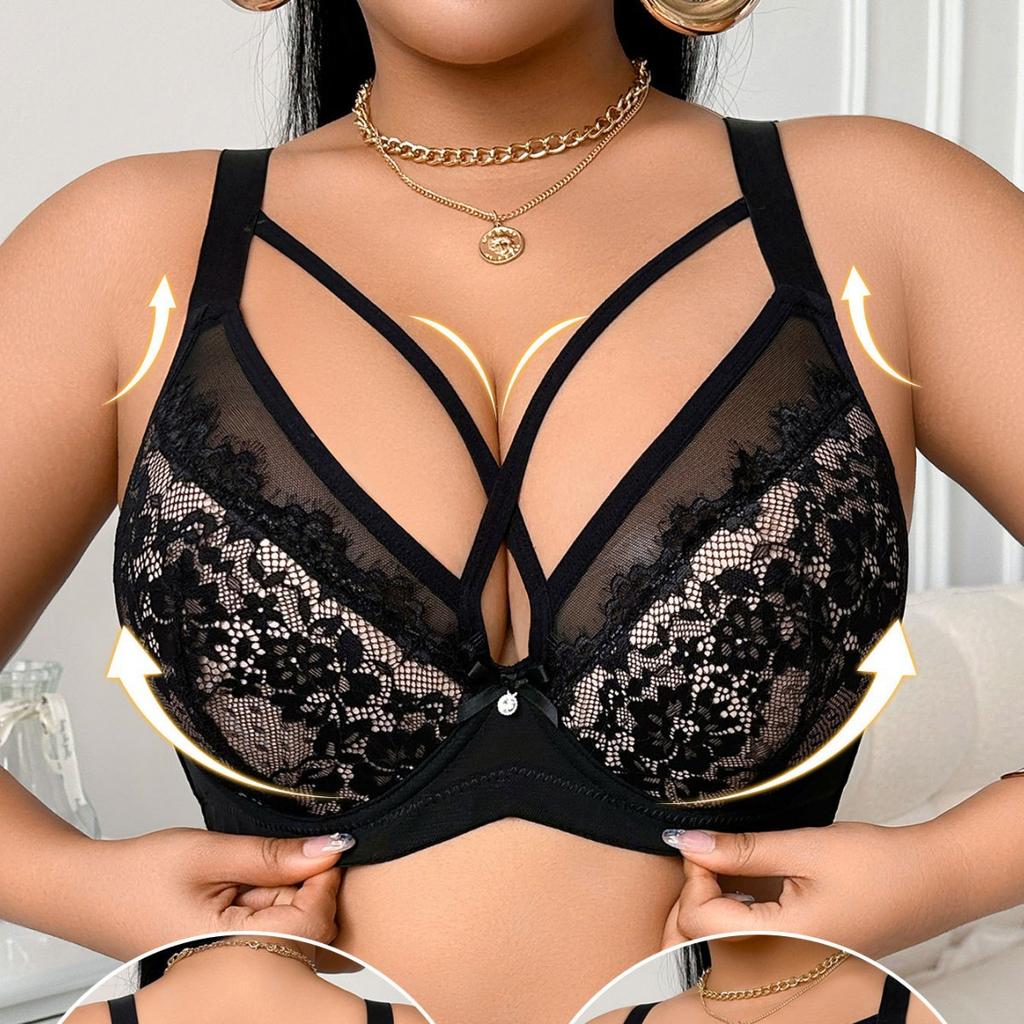 Women's Sexy Front Cross Tie Gathered Underwire Bra Patterned Lace Embroidery Underwear