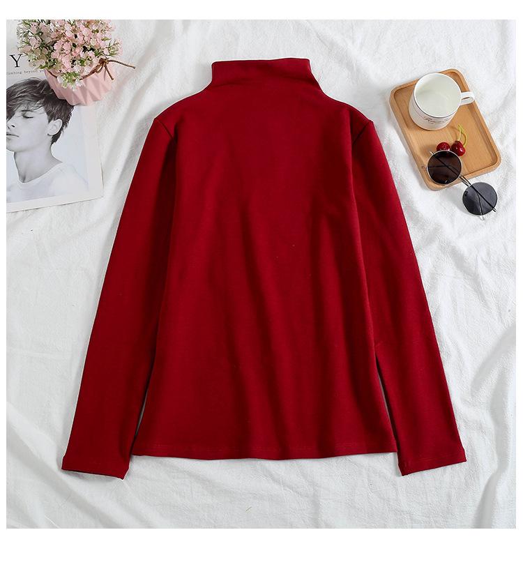 2024 Women's Korean Style Solid Color Plus Velvet Long Sleeve T-Shirt, Autumn/Winter