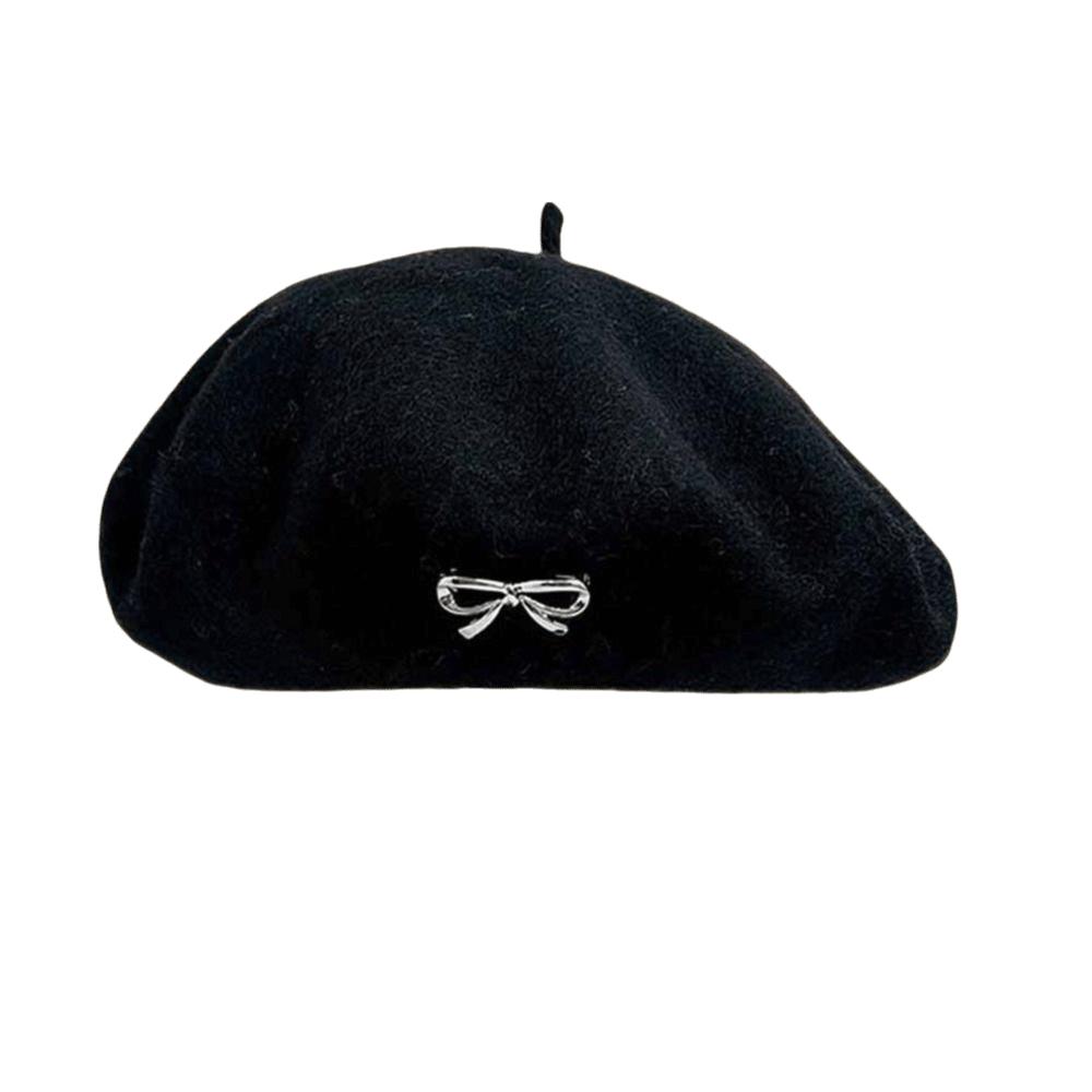 Retro Winter Wool Berets Hat Bowknot Felt Berets Fashion Plain Cap for Women
