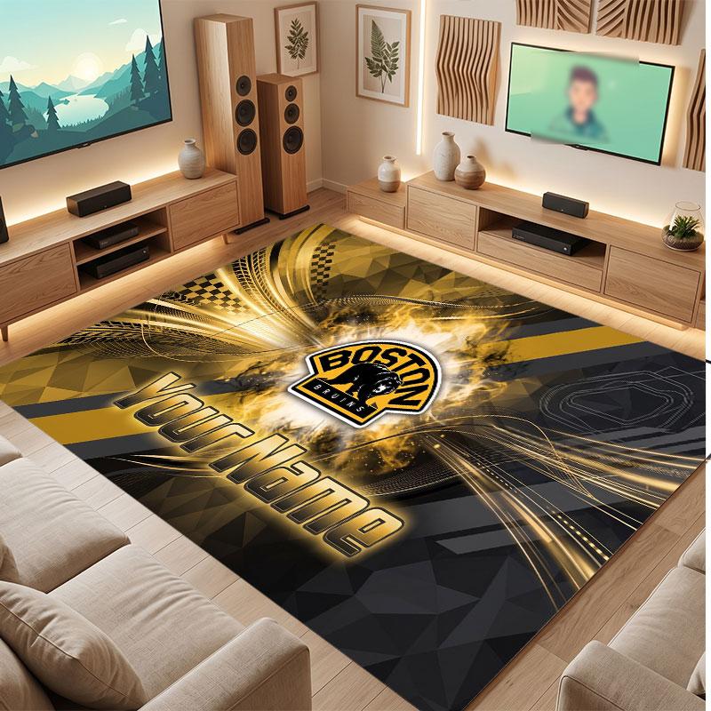 Boston Bruins Personalized Crystal Velvet Carpet, Customized Name Text Soft Anti‑Slip Rug for Living Room Bedroom
