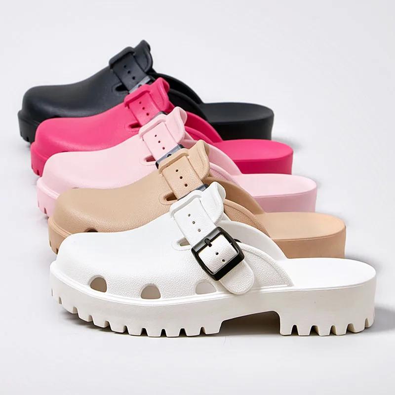 Goosecret New Heels Clogs Street Slides Beach Shoes Leisure Mules Sandals Hole Slides Women Platform Square Heels Modern Slipper