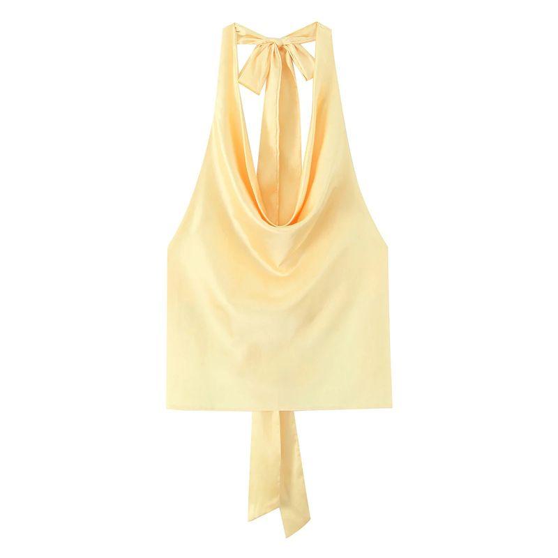 Spring and Summer New Women's Clothing Bowknot Decoration Draped Fashion Hanging Collar Silk Satin Texture Tops 2892650