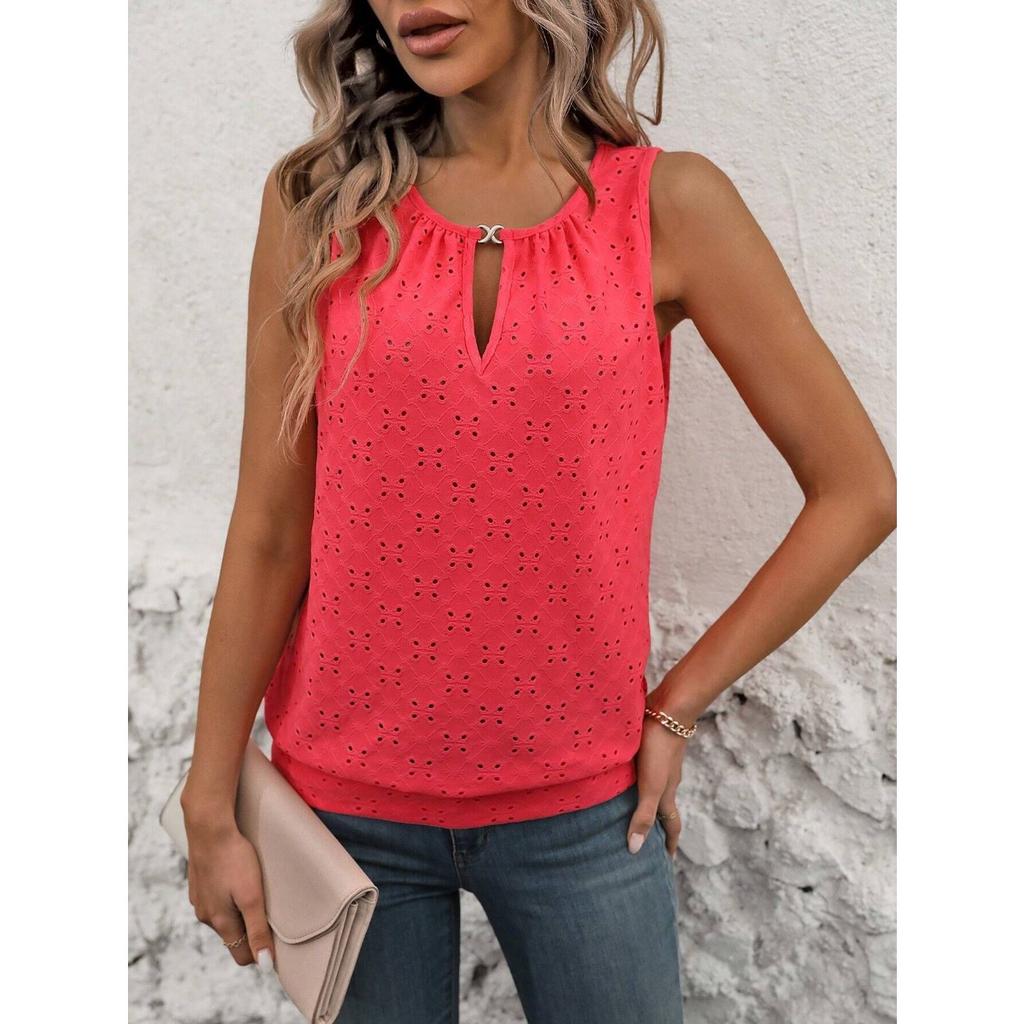 Ladies' Elegant Sleeveless Vest -Semi Transparent Round Neck Lightweight Top, Medium Stretch Casual, Sleeveless Butterfly Pattern, Non Transparent