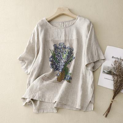 Летняя женская рубашка с цветочным принтом, ретро хлопковая льняная блузка, белый желтый топ с коротким рукавом и круглым вырезом