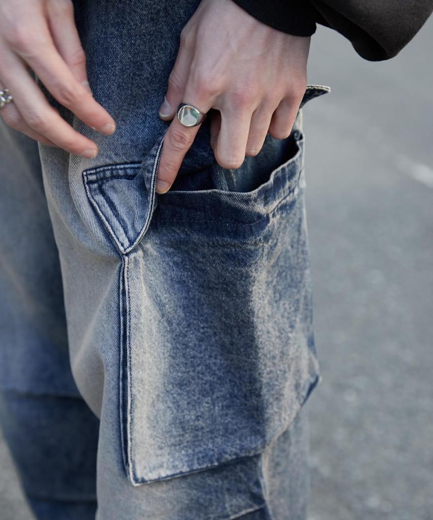 WEGO Средний Деним Легкие Карго Широкие Штанины Корейский Средний Средний Деним Мужские Брюки, Брюки, Уличная Одежда, Спорт, На Открытом Воздухе, Стиль, Весна, Лето, Осень,