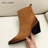 Fashion Leather Boots Women Genuine Pointed Toe Mid Heel Ankle Boots Thick Square Heel Slip On Western Boots Cowboy Boots Women 2025 New