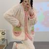 Женская осенне-зимняя жаккардовая пижама из кораллового флиса, милый кардиган с V-образным вырезом, толстая и уютная домашняя одежда