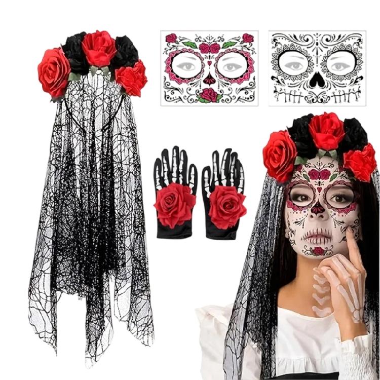 Party Ready Gothic Lace Hairpiece Set with Rose Trim and Matching Gloves for Halloween Cosplay Costume Looks and Photos
