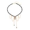 Salircon Trendy Creative Crystal Beaded Chain Choker Necklace Women's Exquisite Cross Rhinestone Tassel Pendant Necklace Jewelry