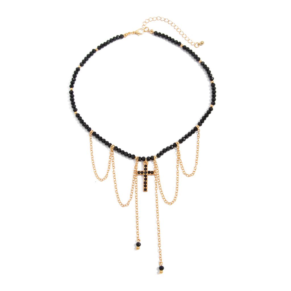 Salircon Trendy Creative Crystal Beaded Chain Choker Necklace Women's Exquisite Cross Rhinestone Tassel Pendant Necklace Jewelry