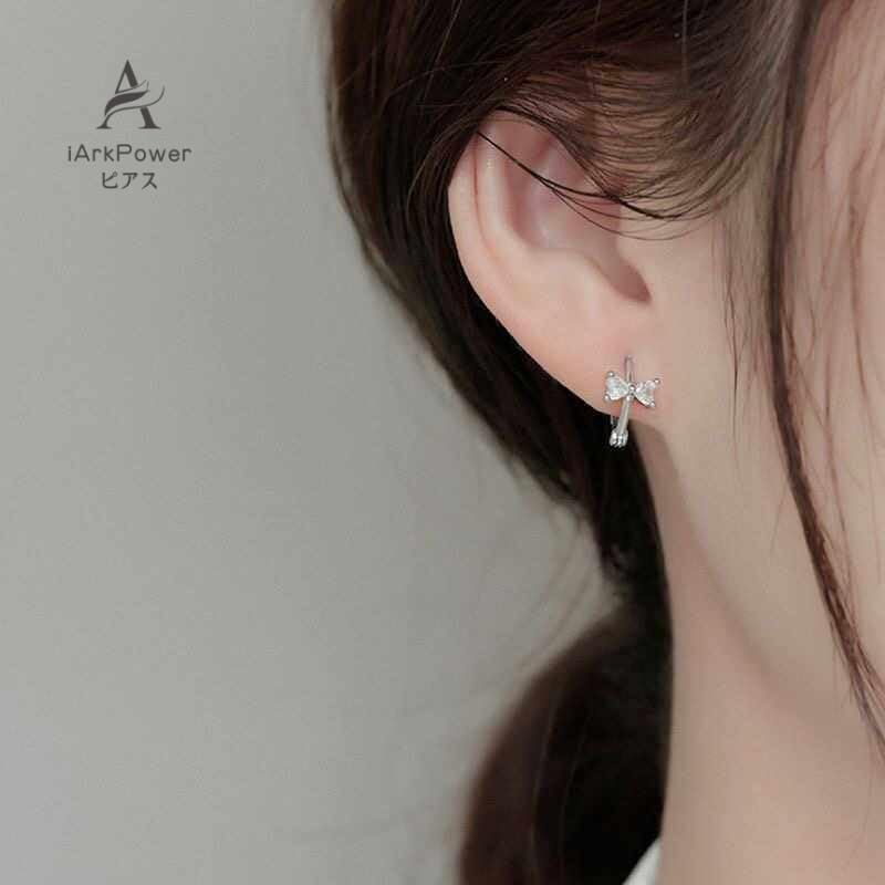 iArkPower Ring Earrings Ladies Leave It On Compatible with Metal Allergies S925 Silver for Both Ears Cool Simple Zirconia Ribbon Hoop Earrings Present