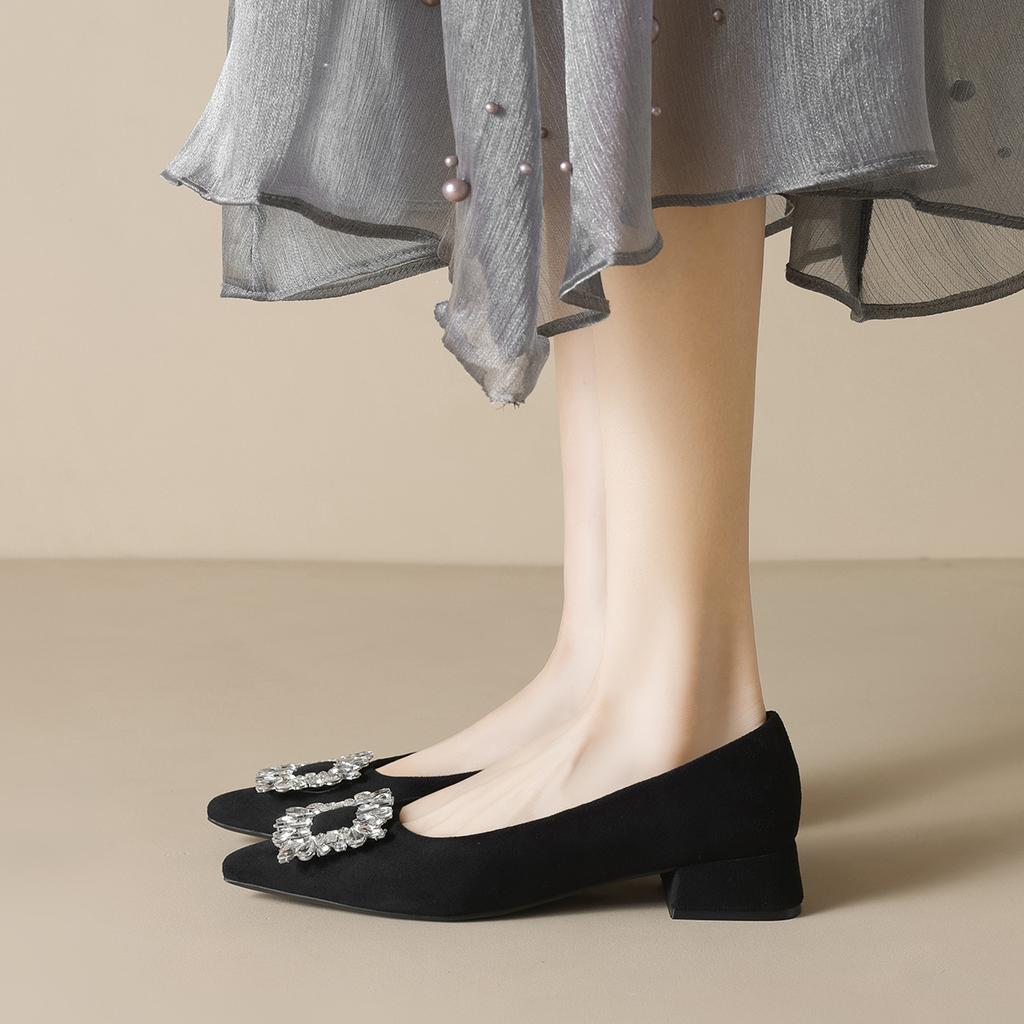 Остроносые туфли-лодочки женские на толстом каблуке со стразами на высоком каблуке с мелким вырезом черные туфли для работы
