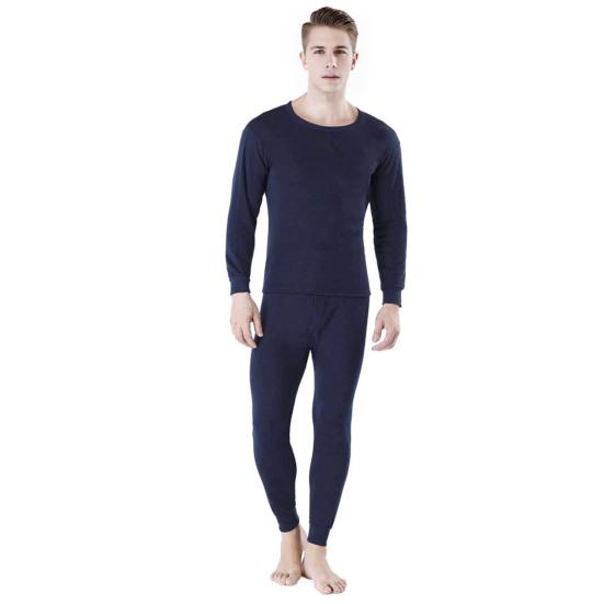 2Pcs/Set Men Warm Suit O-Neck Long Sleeve Tops Elastic Waist Long Pants Set Solid Color Plush Lining Pajamas Set