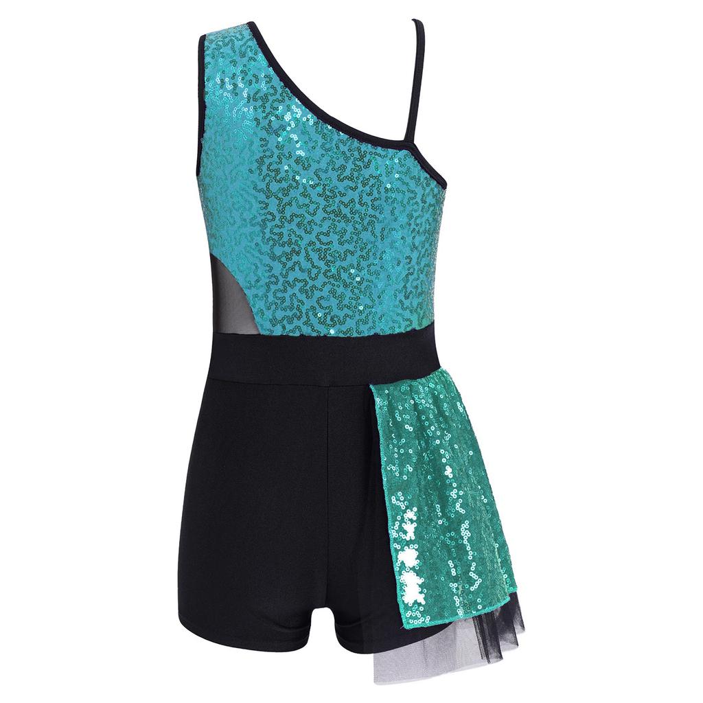 Блестящая танцевальная одежда для девочек с оборчатым подолом и сетчатым лоскутным стилем