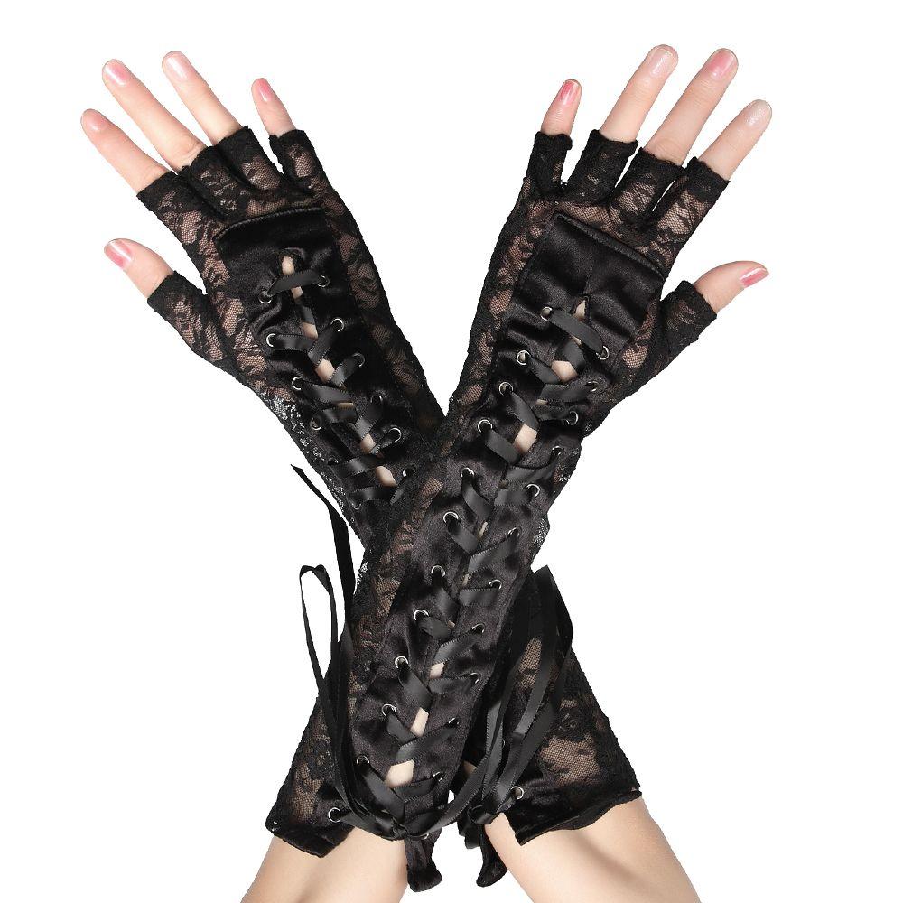 Party Cosplay Ritual Dance Fingerless Silk Ribbon Halloween Gloves Punk Gothic Mittens Lace Gloves
