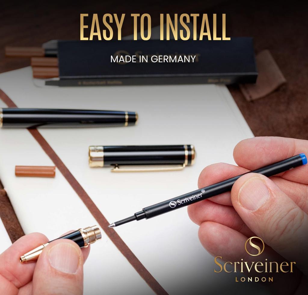 Scriveiner Rollerball Blue Fine Set of 4 Rollerball Refills for Scriveiner Pens Safety Ceramic Rollerball F Schmidt 888 Size Made In Germany Refills,