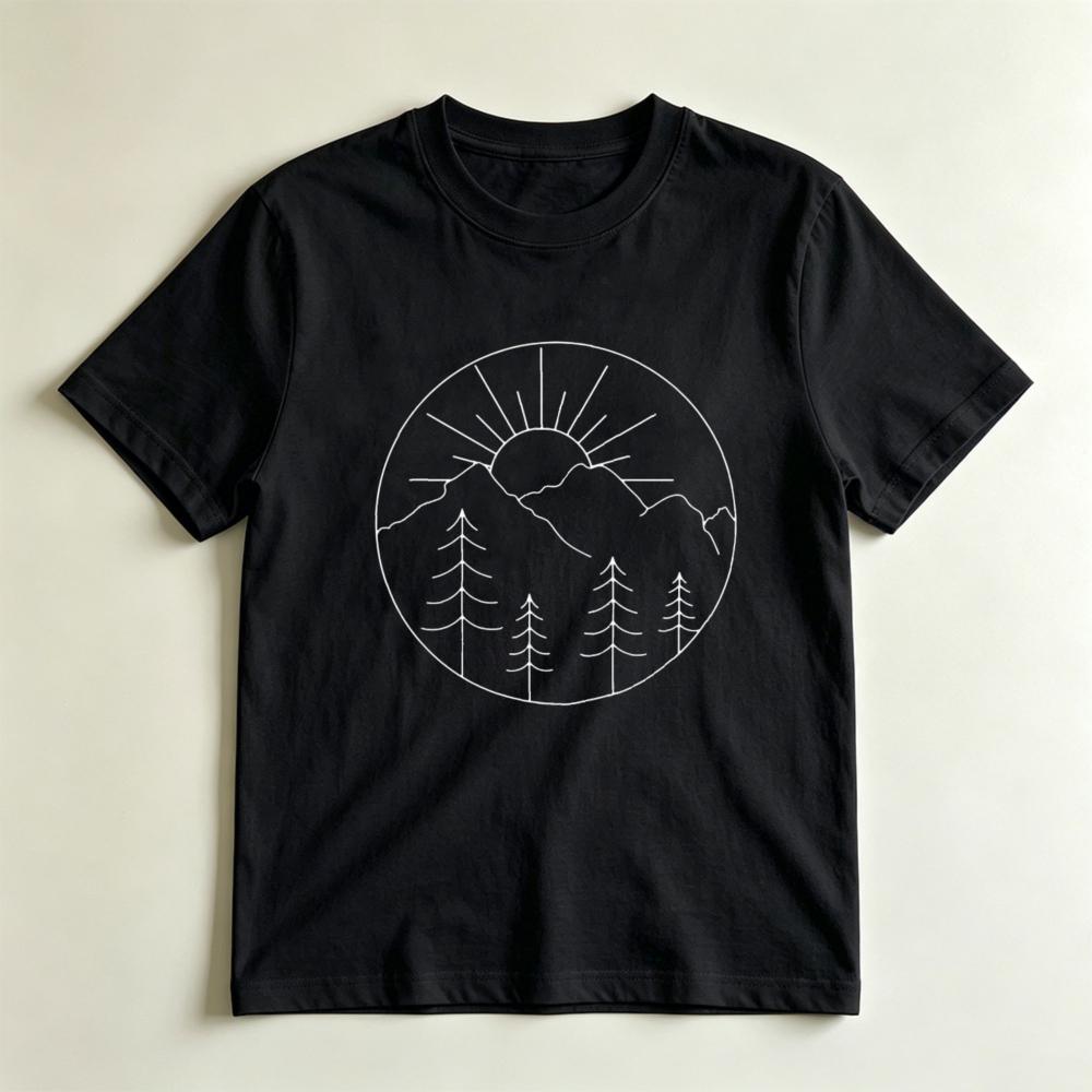 Minimal Mountain Sun Tee Simple Line Art Nature Graphic Tshirt Nature Lover Gift Tshirt Unisex Crewneck Cotton Short Sleeve