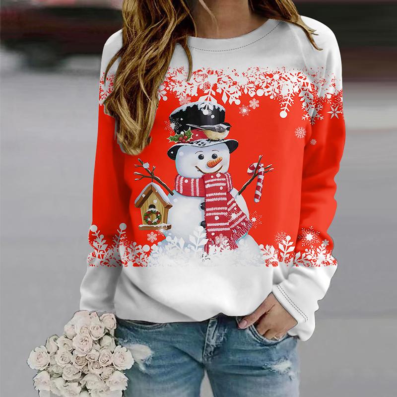 Голубые футболки со снеговиком с 3D принтом, женские топы, пуловер с длинными рукавами и круглым вырезом, женские футболки, футболка для женщин